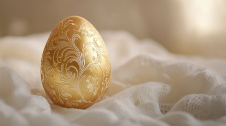 Golden Easter egg with embossed patterns, positioned on a pale ivory background with soft focus for a luxurious vibe.の素材