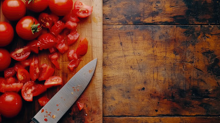 A top view of chopped tomatoes and a knife on a wooden cutting board, organic tomatoes in the background, clean eating concept with ample room for textの素材