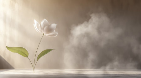 Minimalistic 3D wallpaper featuring a single delicate flower, surrounded by soft steam, creating a peaceful and ambient atmosphere.の素材