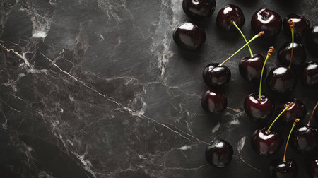 Scattered black cherries on a dark marble background, with soft highlights and an uncluttered space for copy.の素材