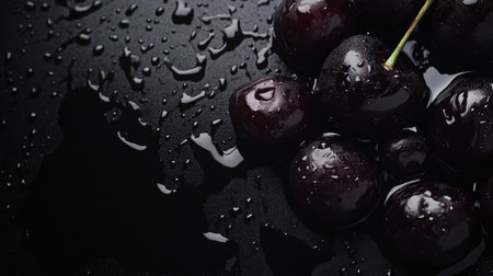 Close-up of juicy black cherries with water drops on a black reflective surface, leaving the top half empty for text.の素材