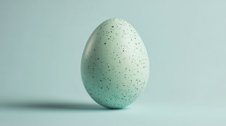 Pastel green Easter egg with speckled design, centered on a pale blue background with soft lighting for a clean look.の素材