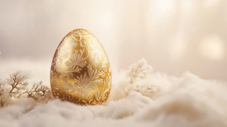 Golden Easter egg with embossed patterns, positioned on a pale ivory background with soft focus for a luxurious vibe.の素材