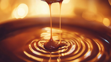 Slow-dripping melted chocolate cascading from a spoon, creating ripples in a bowl beneath, with a blurred soft focus background.の素材