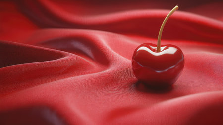 Single ripe red cherry on a red fabric backdrop, with soft lighting creating a focal point and space for text.の素材