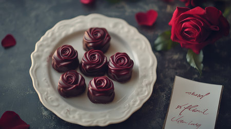 Romantic Valentine chocolates in the shape of roses, placed on a white ceramic plate with a small handwritten love note beside them.の素材