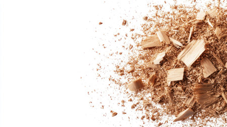 A neat heap of wood sawdust isolated on a white background, fine details of shavings and powder visible, surrounded by clean copy spaceの素材