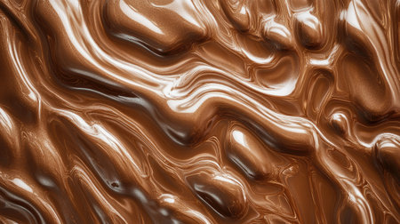 Glossy melted chocolate forming rippling patterns on a flat surface, with soft highlights emphasizing its smooth texture.の素材