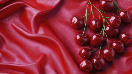 Red cherries with a glossy finish scattered across a red cloth, leaving space in the bottom half for copy or logo.の素材