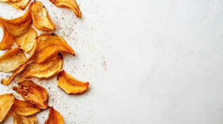 A top-down view of crispy dried banana chips on a white surface, captured with full depth of field and plenty of space for copy or designの素材