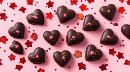 Creative arrangement of Valentine chocolates shaped like hearts and stars, surrounded by red confetti on a pastel pink background.の素材