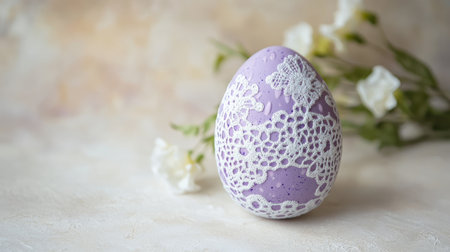 Single lavender Easter egg with delicate white lace decoration, placed on a soft textured light beige background.の素材