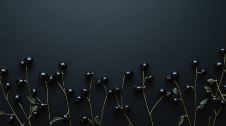 Minimalist arrangement of black cherries with stems on a matte black background, leaving a clean area for copy at the center.の素材