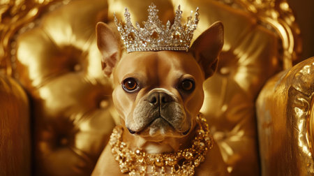 Dog wearing a shiny crown and expensive jewelry sits gracefully on a golden chair, showcasing a royal and sophisticated ambiance.の素材