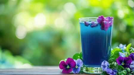 A glass of vibrant butterfly pea juice surrounded by fresh flowers on a wooden table, with a green blurred backdrop and plenty of copy spaceの素材