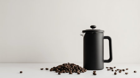 A minimalist shot of an empty black French press coffee maker and coffee beans on a white background, with ample space for your messageの素材