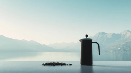 A sleek black French press coffee maker on a white surface, empty and paired with coffee beans, with ample space for text or designの素材