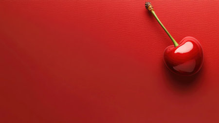 Single red cherry with a stem on a vibrant red background, creating room for text to the right side of the image.の素材