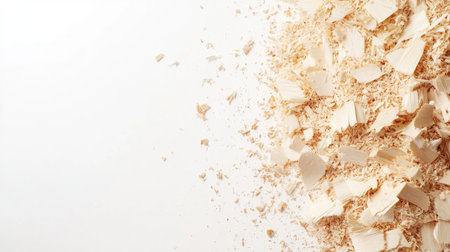 A heap of wood shavings and sawdust scattered on a clean white background, closeup shot emphasizing texture and detail with ample copy spaceの素材