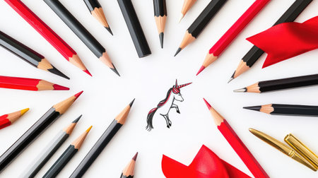 A collection of sharpened pencils, felt tip pens, and a unicorn pen with a scarlet ribbon on a white background, perfect for adding creative text or design elementsの素材