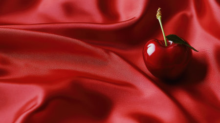 Single ripe red cherry on a red fabric backdrop, with soft lighting creating a focal point and space for text.の素材