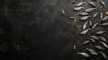 A diagonal arrangement of raw small sprats resembling forage fish, placed on paper, against a dark black cement backdrop, with plenty of copyspaceの素材