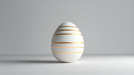 Minimalistic setup of a white Easter egg with subtle golden stripes, centered on a plain light gray background.の素材