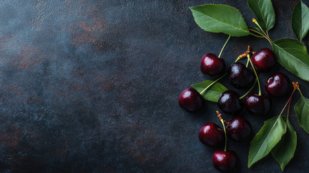 Cluster of black cherries with leaves, placed on a textured dark background, with an open area for copy in the upper section.の素材