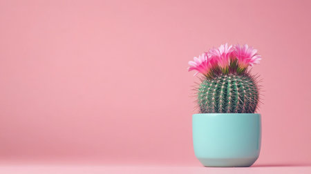 A blooming Mammillaria spinosissima cactus with spiny pincushion and bright flowers, clean backdrop with room for creative textの素材