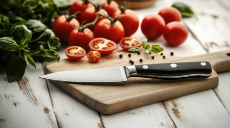 A knife and chopped tomatoes on a cutting board with fresh organic tomatoes in the background, set on a white wooden table with copy space for clean eating textの素材