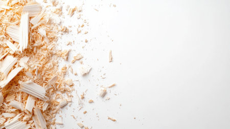 A heap of wood shavings and sawdust scattered on a clean white background, closeup shot emphasizing texture and detail with ample copy spaceの素材
