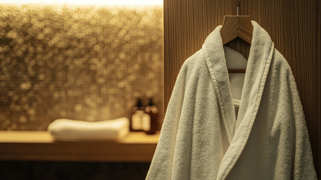 A luxurious white bathrobe hanging in a stylish wooden wardrobe, close-up view highlighting textures, premium details, and calm ambianceの素材