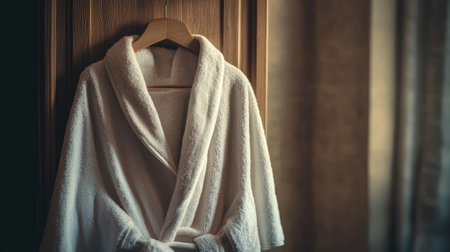A luxurious white bathrobe hanging in a stylish wooden wardrobe, close-up view highlighting textures, premium details, and calm ambianceの素材