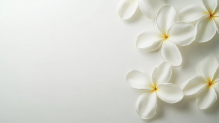 A few fresh Plumeria flowers delicately placed on a white background, offering clean space for text or design elementsの素材