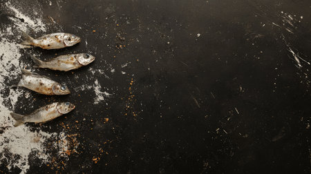 A diagonal layout of raw sprats on paper, set against a rich black cement surface, providing a rustic feel with ample negative space for copyの素材