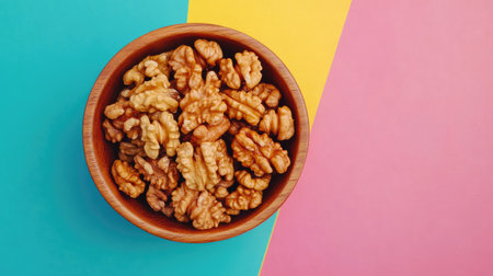 A close-up of walnut halves in a wooden bowl, viewed from above on a colorful background, promoting walnuts as superfoods for a healthy diet, with space for brandingの素材