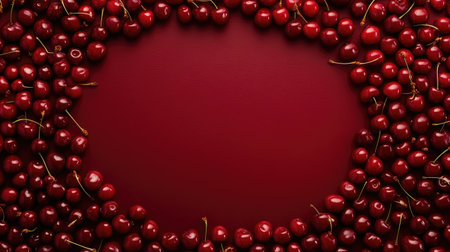 Top view of red cherries arranged in a circular pattern on a deep red background, with space for copy in the middle.の素材