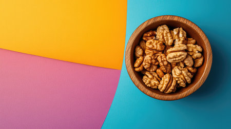 A top view of walnut halves in a wooden bowl on a colorful background, showcasing superfoods for healthy eating, with space to add your messageの素材