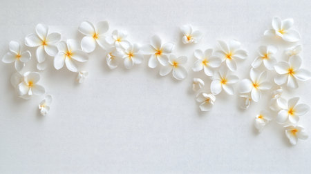 A delicate arrangement of Plumeria flowers on a white background, leaving plenty of open space for your creative design or textの素材