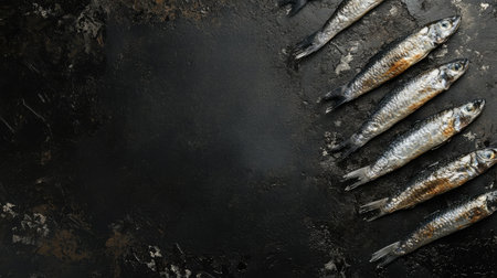A diagonal layout of raw sprats on paper, set against a rich black cement surface, providing a rustic feel with ample negative space for copyの素材