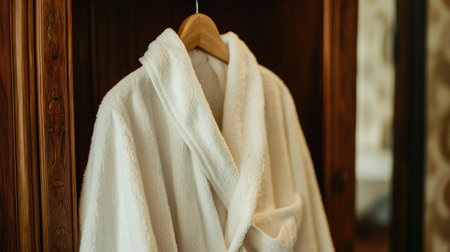 A luxurious white bathrobe hanging in a stylish wooden wardrobe, close-up view highlighting textures, premium details, and calm ambianceの素材
