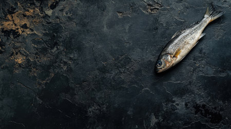 A diagonal layout of raw sprats on paper, set against a rich black cement surface, providing a rustic feel with ample negative space for copyの素材