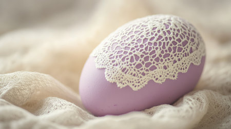 Single lavender Easter egg with delicate white lace decoration, placed on a soft textured light beige background.の素材