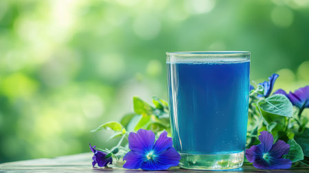 A refreshing glass of butterfly pea juice surrounded by fresh flowers, with a wooden table and soft green blurred background for text spaceの素材