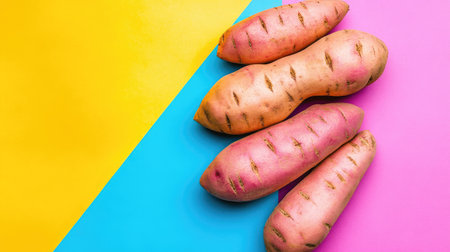 A selection of fresh sweet potatoes arranged on a colorful backdrop, offering clean space for your message or designの素材