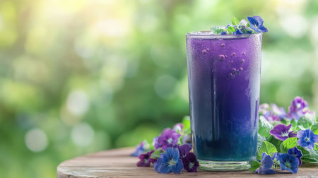 A refreshing glass of butterfly pea juice surrounded by fresh flowers, with a wooden table and soft green blurred background for text spaceの素材