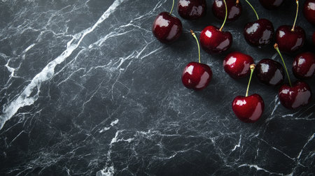 Scattered black cherries on a dark marble background, with soft highlights and an uncluttered space for copy.の素材