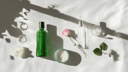 A collection of cosmetic products including a green liquid bottle, white cream jar, laboratory glassware, and a rose petal, set against a white background with shadow playの素材