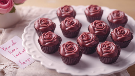 Romantic Valentine chocolates in the shape of roses, placed on a white ceramic plate with a small handwritten love note beside them.の素材