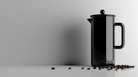 A sleek black French press coffee maker on a white surface, empty and paired with coffee beans, with ample space for text or designの素材